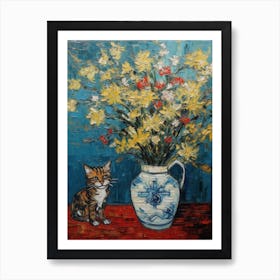 Still Life Of Chrysanthemums With A Cat 2 Art Print