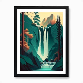 Waterfalls In Forest Water Landscapes Waterscape Retro Illustration 1 Art Print