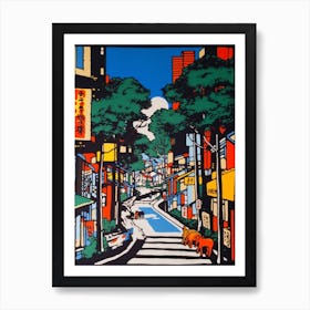 Painting Of A Tokyo With A Cat In The Style Of Of Pop Art 4 Art Print