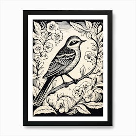 B&W Bird Linocut Mockingbird 3 Art Print