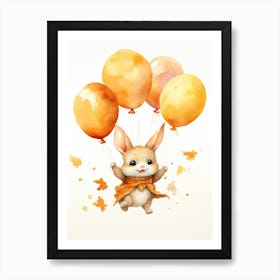 Rabbit Flying With Autumn Fall Pumpkins And Balloons Watercolour Nursery 1 Art Print