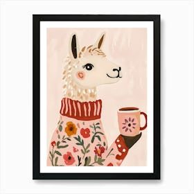 Cute Llama In Sweater with Coffee Art Print