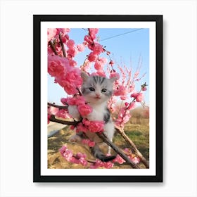 Cute Kitten In Cherry Blossom Tree Art Print