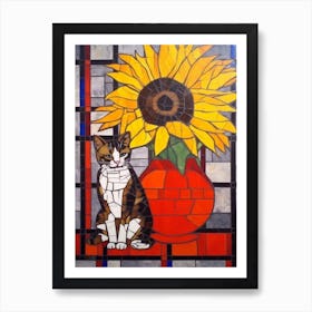 Sunflower With A Cat 2 De Stijl Style Mondrian Art Print