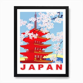 Japan, Cherry Blossoms Over The Red Temple Art Print