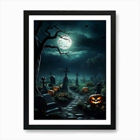 Art Landscape Pumpkin Holiday Design Halloween Fear Moon Skittish Green Grave Dark Scene (18) Art Print