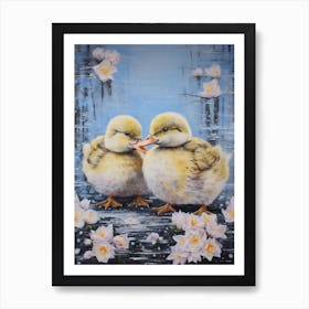 Snowy Winter Ducklings Floral Painting 3 Art Print