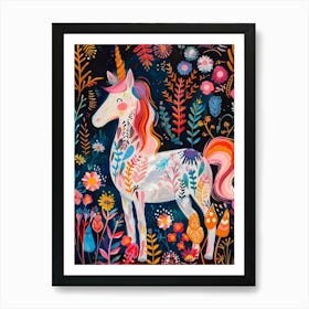 Floral Folky Unicorn In The Meadow 1 Art Print