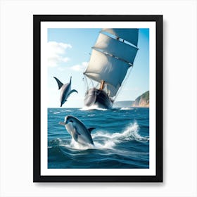 Dolphins and a Ship Art Print