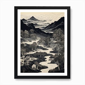 Iya Valley In Tokushima, Ukiyo E Black And White Line Art Drawing 1 Art Print