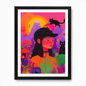 Cactus Girl with cats Art Print