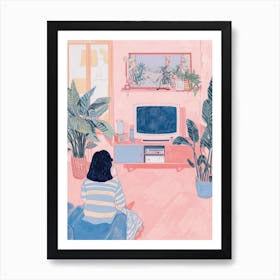 Girl Watching Tv Lo Fi Kawaii Illustration 1 Art Print