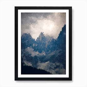 Majestic Mountains Between Clouds And Gray Sky Oil Painting Landscape Art Print