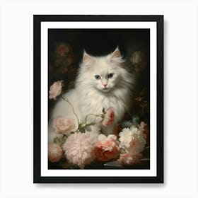 White & Pink Cat Rococo Style 1 Art Print