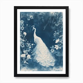 Floral White & Blue Peacock 2 Art Print