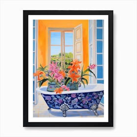 A Bathtube Full Of Peacock Flower In A Bathroom 1 Art Print