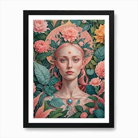 Woman Amongst The Pink Flowers Art Print