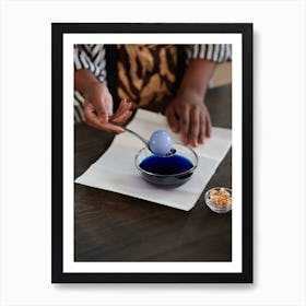 Woman Pouring Blue Liquid Into A Bowl Art Print