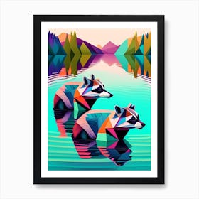 Two Raccoons Swimming In Lake Modern Geometric 2 Art Print