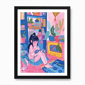 Girl Knitting Lo Fi Kawaii Illustration 4 Art Print