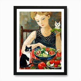 Portrait Of A Woman With Cats Eating A Salad 4 Art Print
