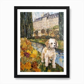 Painting Of A Dog In Versailles Gardens, France In The Style Of Gustav Klimt 02 Art Print