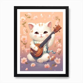 Kawaii Cat Drawings Playing Music 2 Art Print