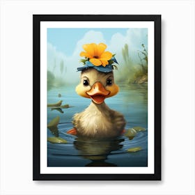 Cute Cartoon Duckling Swimming In The Pond 1 Art Print