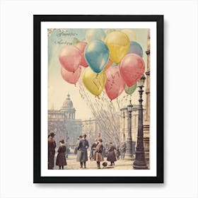 Festive Balloons Cluster At The Foreground Of A Vintage Postcard Colors In Soft Pastels Each Ballo Art Print