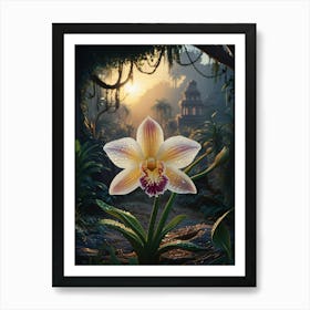 Orchid In The Jungle, Sunrise and ancient structure in the background Art Print