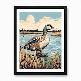 Vintage Bird Linocut Mallard Duck 3 Art Print
