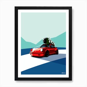 Porsche 911 - Christmas Tree - Retro Vintage Red Art Print