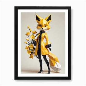 Low Poly Floral Fox Girl, Black And Yellow (12) Art Print