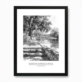 Barton Springs Pool Austin Texas Black And White Drawing 3 Poster Art Print