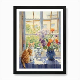 Cat With Floxglove Flowers Watercolor Mothers Day Valentines 1 Art Print