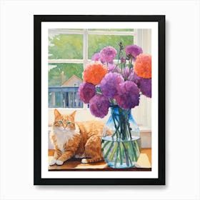 Cat With Allium Flowers Watercolor Mothers Day Valentines 2 Art Print