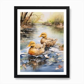 Ducklings Swimming In The River Mixed Media 1 Art Print