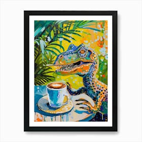 Dinosaur Drinking Coffee Blue Orange Brushstroke 1 Art Print