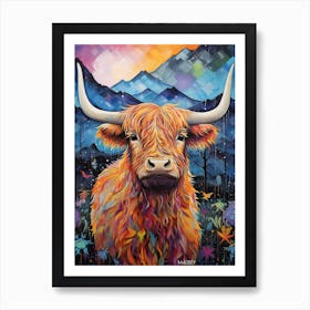 Colourful Patchwork Illustration Of Highland Cow Mountain Background Art Print