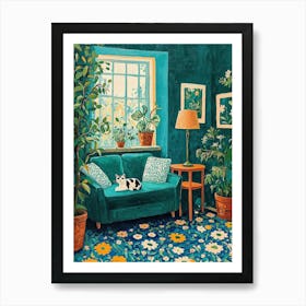 Teal Green Cute Cat By the Window Art Print