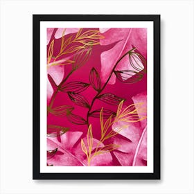 Pink Leaves With Gold Elements Art Print