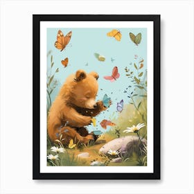 Brown Bear Cub Playing With Butterflies Storybook Illustration 2 Art Print