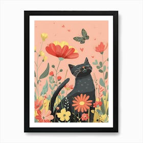 Black Cat In Flowers 7 Art Print