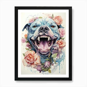 Blue Dog With Roses Art Print