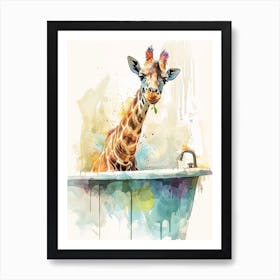 Giraffe In The Bath Watercolour 2 Art Print