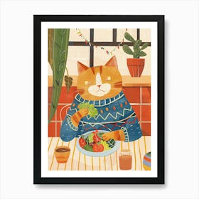 Tan Cat Eating A Salad Folk Illustration 1 Art Print