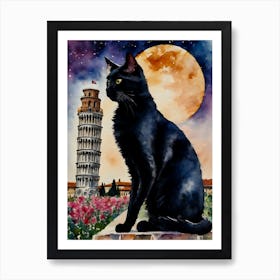 Black Cat at The Leaning Tower of Pisa - Iconic Italy Cityscapes Italian Traditional Watercolor Art Print Beaitiful Kitty Travels Home and Room Wall Art Cool Decor Klimt and Matisse Inspired Modern Awesome Cool Unique Pagan Witchy Witches Familiar Gift For Cats Lady Animal Lovers World Travelling Genuine Works by British Watercolour Artist Lyra O'Brien Art Print