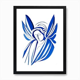 Angel Symbol Blue And White Line Drawing Art Print