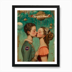 Space travel kiss, baroque oil painting art print Art Print