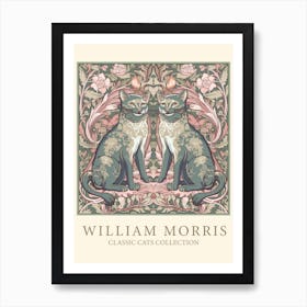 William Morris  Inspired  Classic Cats Smiley Cats Sage And Pink Art Print